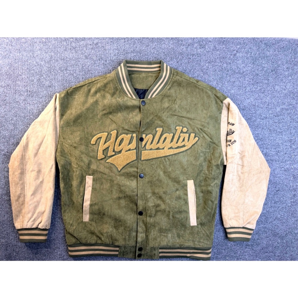 Hanialiy Varsity Jacket Mens XXL Green Faux Suede Embroidered Bomber Streetwear